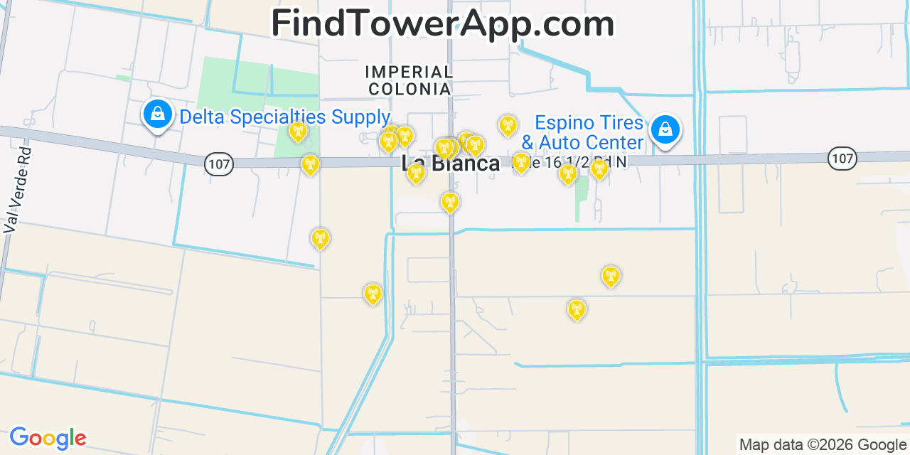 Map showing the 20 primary cell tower locations detected in La Blanca, Texas from AT&T, Verizon, and T-Mobile networks