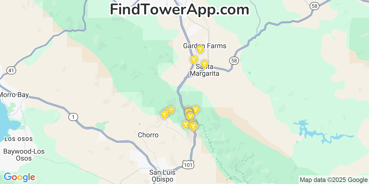 Map showing the 21 primary AT&T cell tower locations detected in La Ca%C3%B1Ada Flintridge, California with coverage radius and signal strength indicators