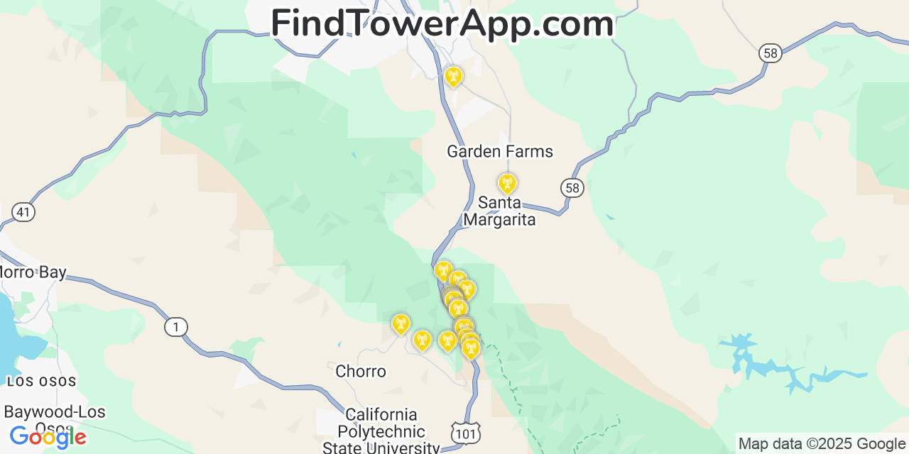 Map showing the 21 primary T-Mobile cell tower locations detected in La Ca%C3%B1Ada Flintridge, California with coverage radius and signal strength indicators