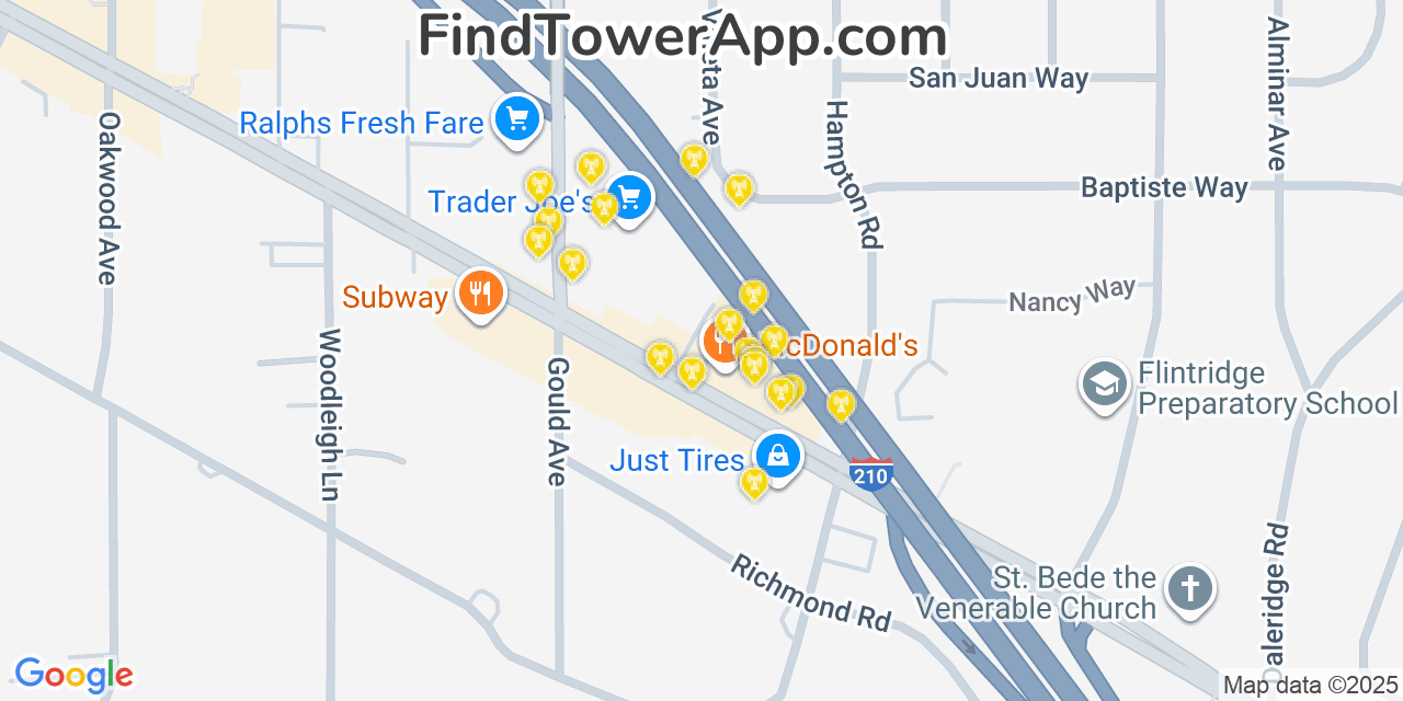 Map showing the 20 primary cell tower locations detected in La Cañada Flintridge, California from AT&T, Verizon, and T-Mobile networks