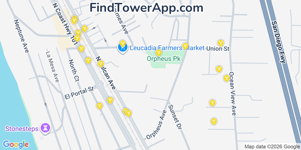 Map showing the 20 primary cell tower locations detected in La Caada Flintridge, California from AT&T, Verizon, and T-Mobile networks