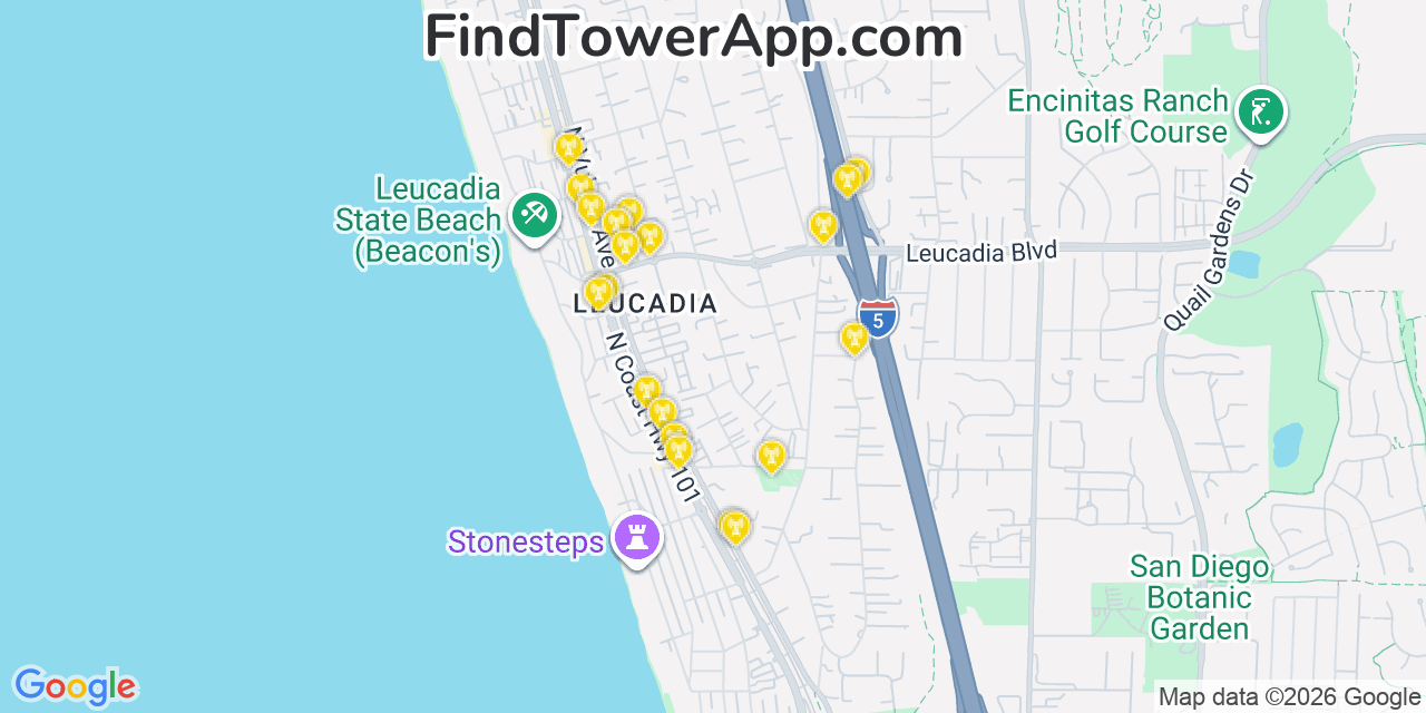 Map showing the 20 primary Verizon cell tower locations detected in La Caada Flintridge, California with coverage radius and signal strength indicators