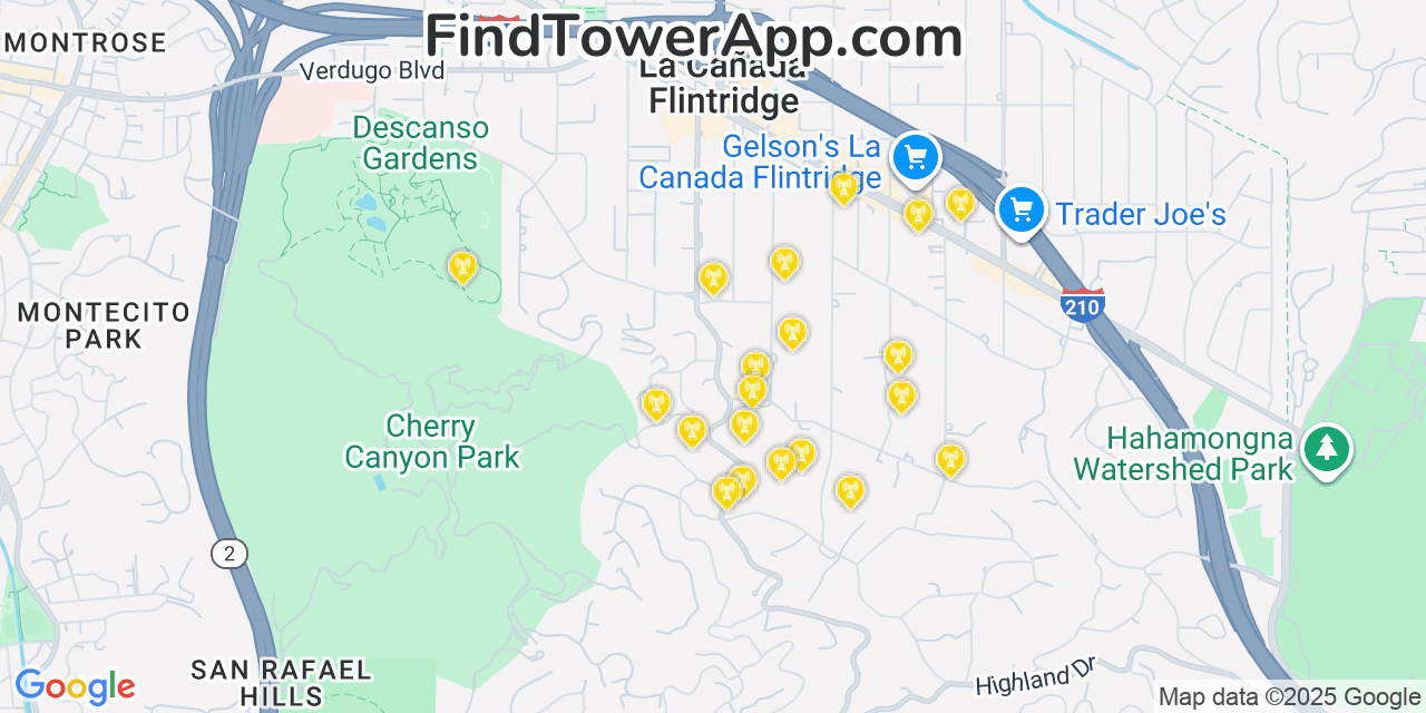 Map showing the 20 primary AT&T cell tower locations detected in La Cañada Flintridge, California with coverage radius and signal strength indicators