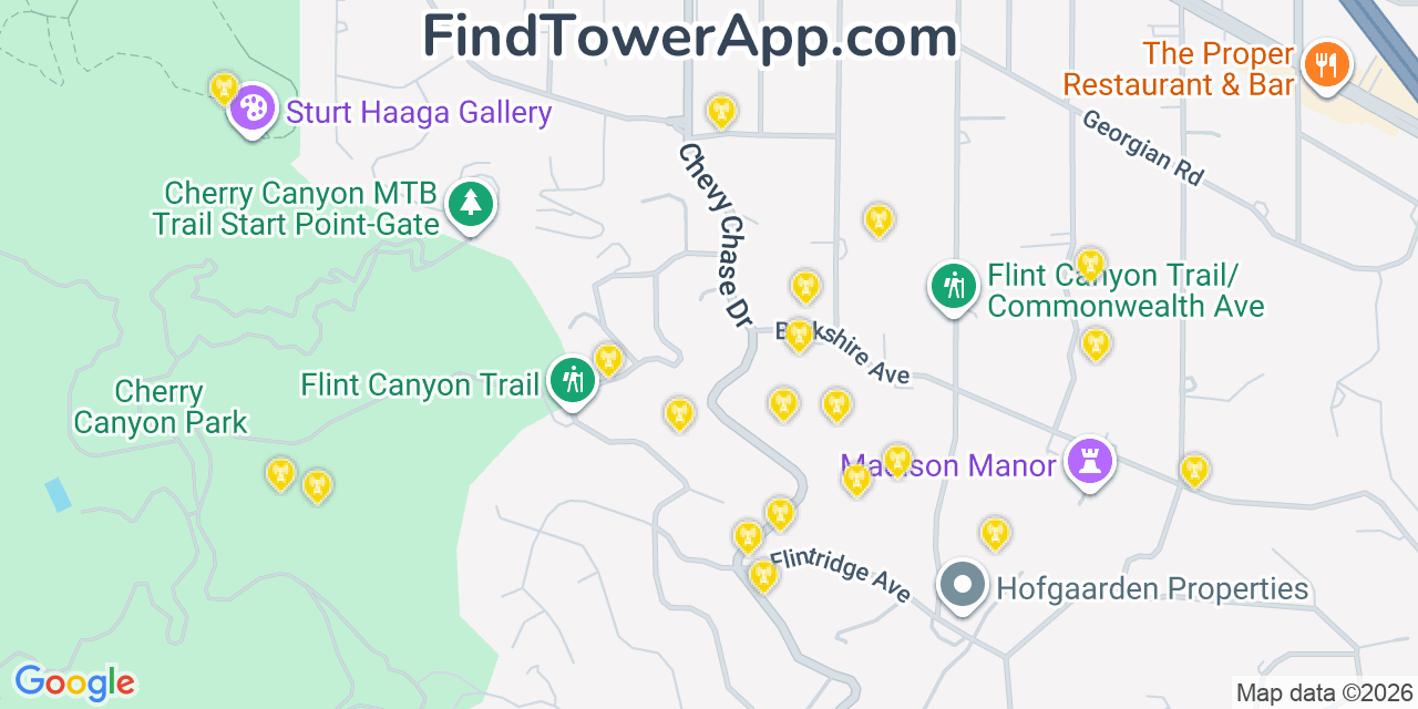 Map showing the 20 primary cell tower locations detected in La Cañada Flintridge, California from AT&T, Verizon, and T-Mobile networks