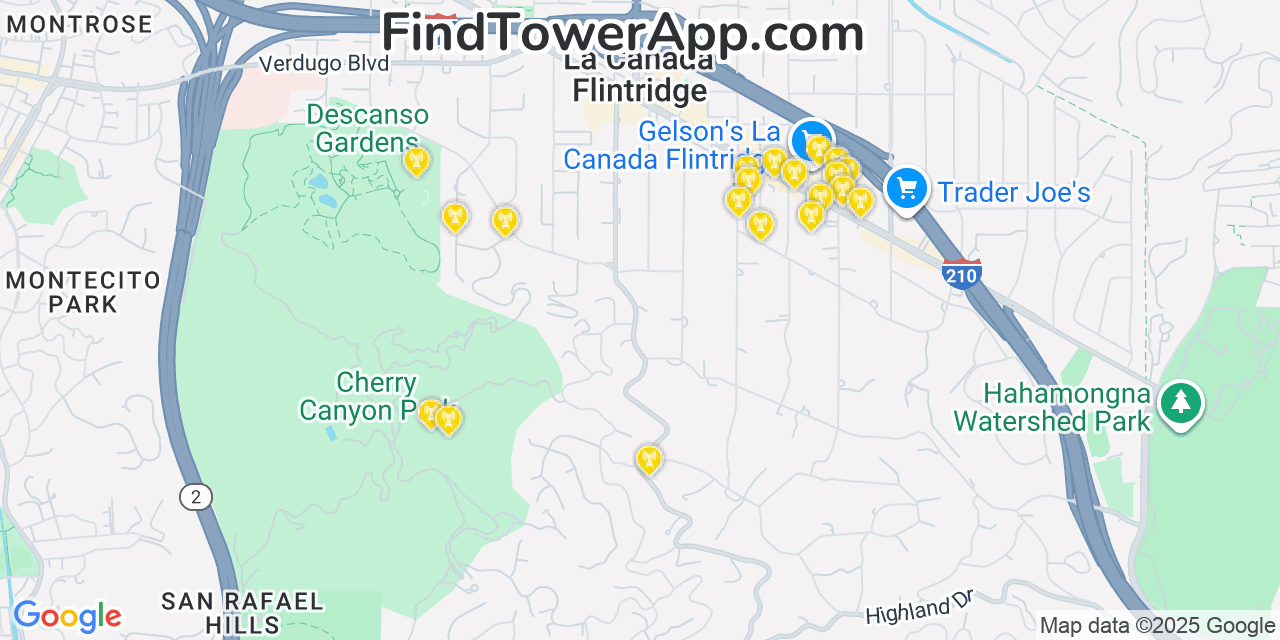 Map showing the 20 primary T-Mobile cell tower locations detected in La Cañada Flintridge, California with coverage radius and signal strength indicators