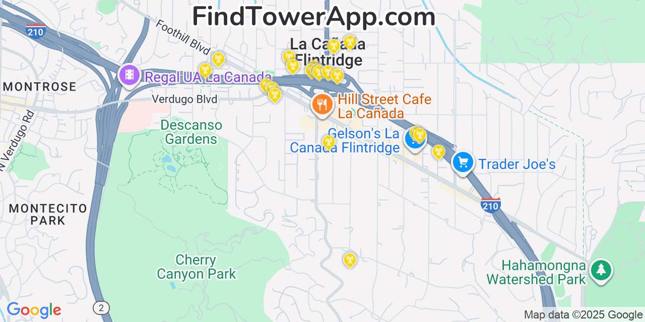 Map showing the 20 primary Verizon cell tower locations detected in La Cañada Flintridge, California with coverage radius and signal strength indicators