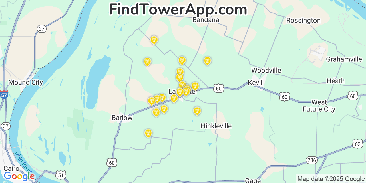 Map showing the 20 primary cell tower locations detected in La Center, Kentucky from AT&T, Verizon, and T-Mobile networks