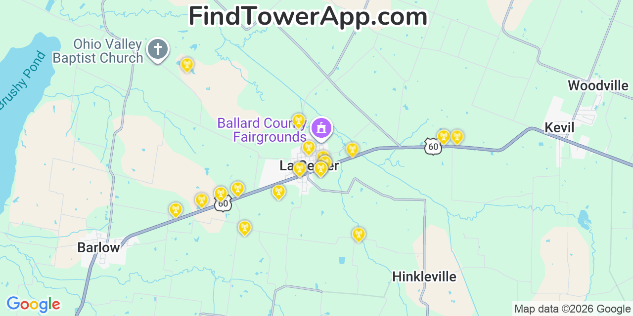 Map showing the 20 primary cell tower locations detected in La Center, Kentucky from AT&T, Verizon, and T-Mobile networks