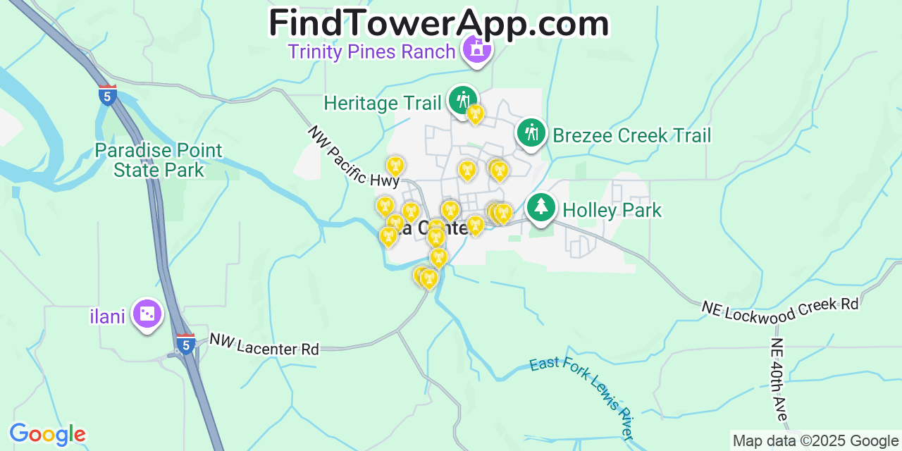 Map showing the 20 primary cell tower locations detected in La Center, Washington from AT&T, Verizon, and T-Mobile networks