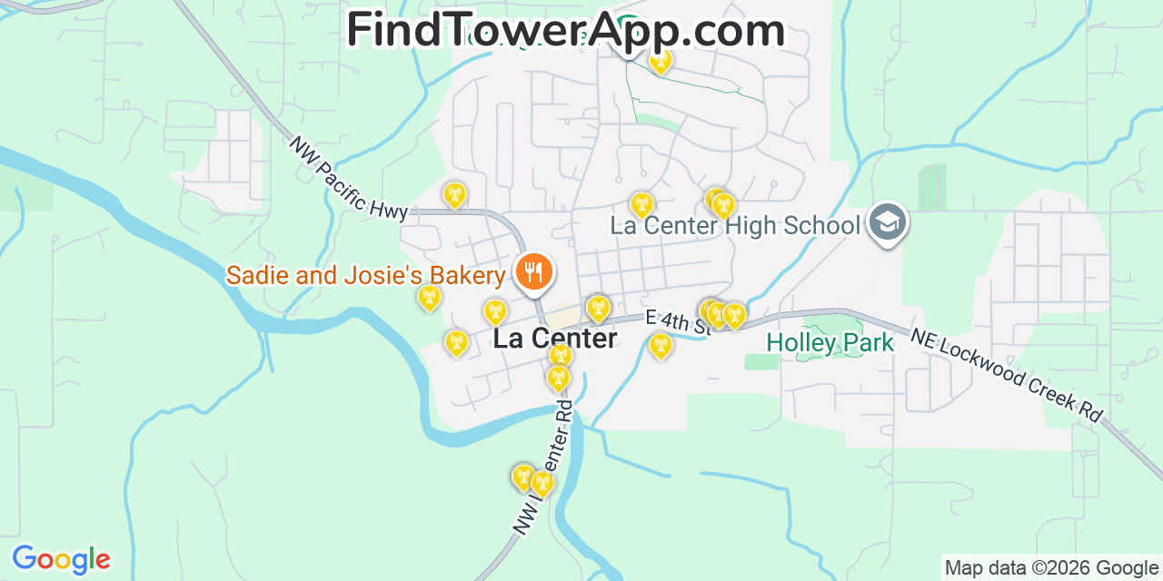 Map showing the 20 primary cell tower locations detected in La Center, Washington from AT&T, Verizon, and T-Mobile networks