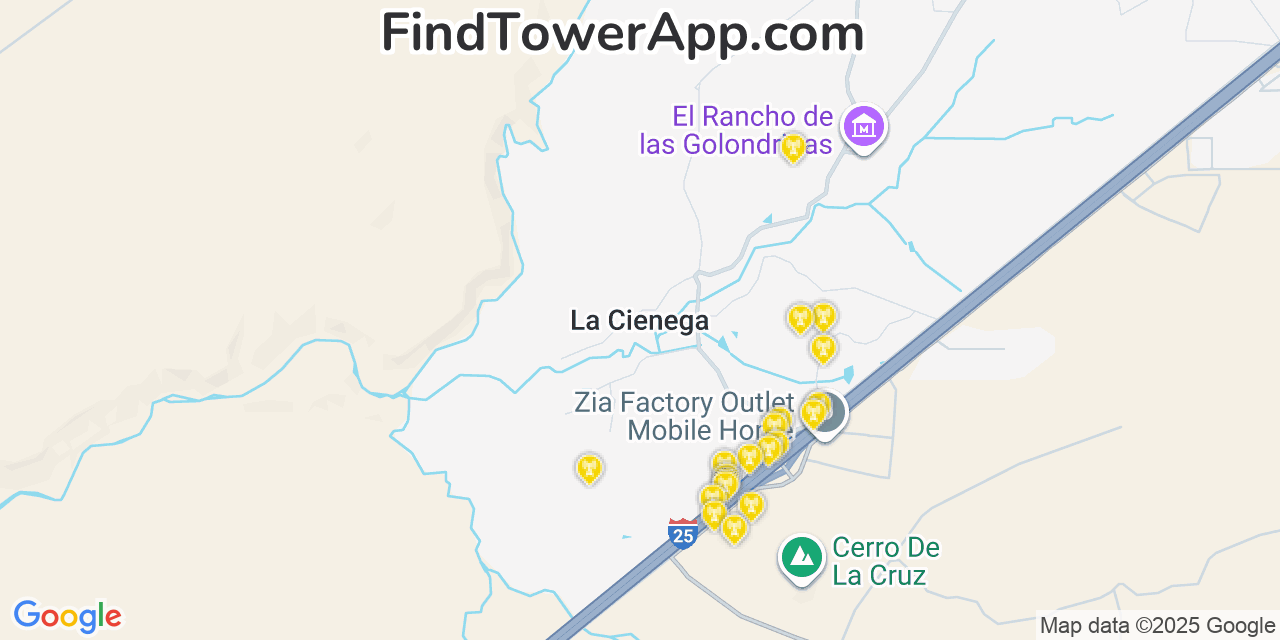 Map showing the 20 primary cell tower locations detected in La Cienega, New Mexico from AT&T, Verizon, and T-Mobile networks