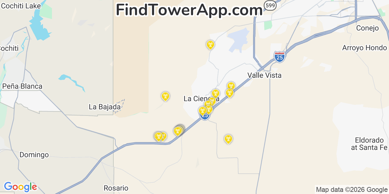 Map showing the 20 primary cell tower locations detected in La Cienega, New Mexico from AT&T, Verizon, and T-Mobile networks