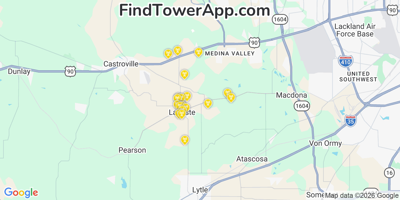 Map showing the 20 primary cell tower locations detected in La Coste, Texas from AT&T, Verizon, and T-Mobile networks