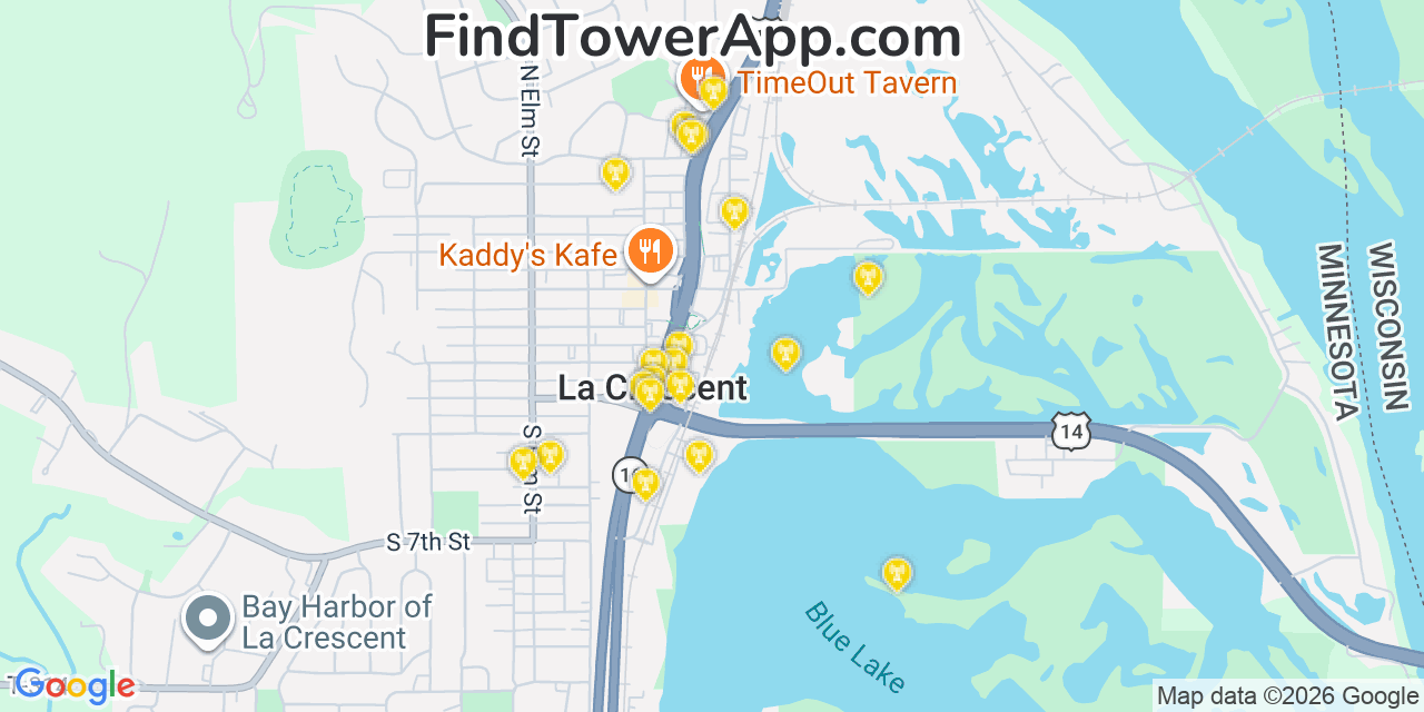 Map showing the 20 primary cell tower locations detected in La Crescent, Minnesota from AT&T, Verizon, and T-Mobile networks