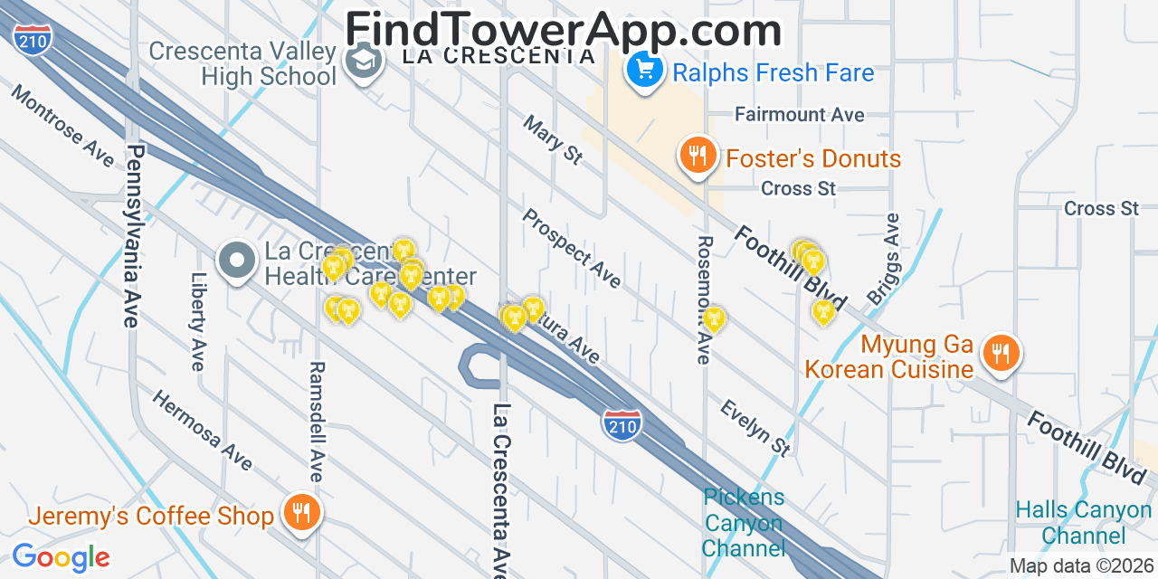 Map showing the 20 primary cell tower locations detected in La Crescenta Montrose, California from AT&T, Verizon, and T-Mobile networks