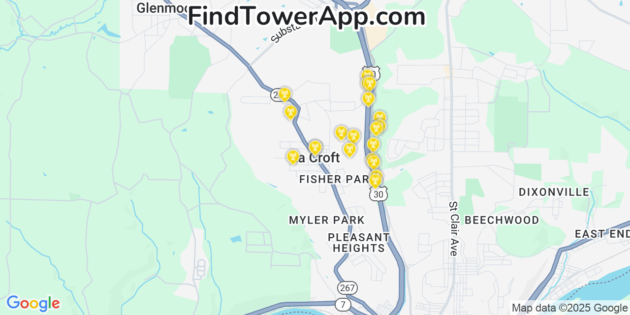 Map showing the 20 primary cell tower locations detected in La Croft, Ohio from AT&T, Verizon, and T-Mobile networks