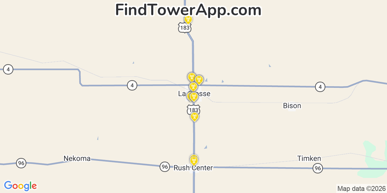 Map showing the 20 primary cell tower locations detected in La Crosse, Kansas from AT&T, Verizon, and T-Mobile networks