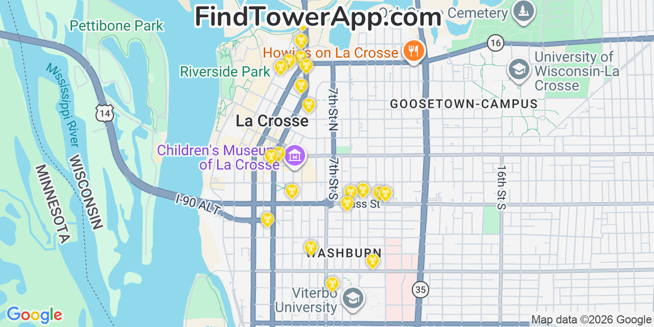Map showing the 20 primary cell tower locations detected in La Crosse, Wisconsin from AT&T, Verizon, and T-Mobile networks