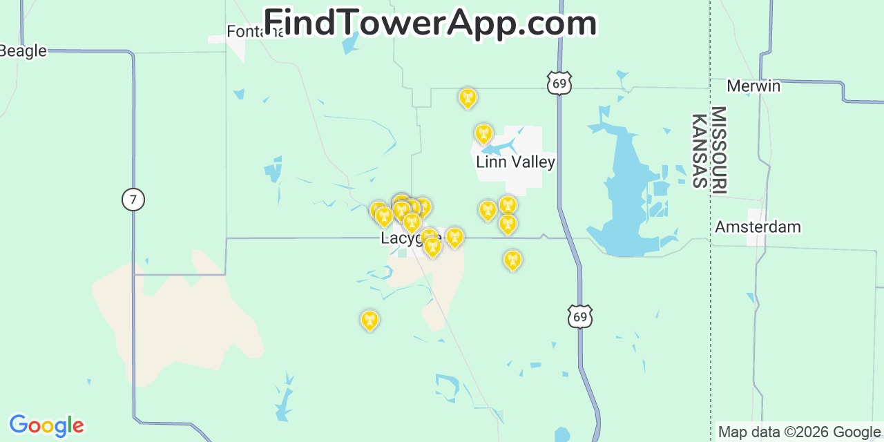 Map showing the 20 primary cell tower locations detected in La Cygne, Kansas from AT&T, Verizon, and T-Mobile networks