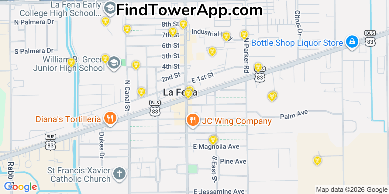 Map showing the 20 primary cell tower locations detected in La Feria, Texas from AT&T, Verizon, and T-Mobile networks