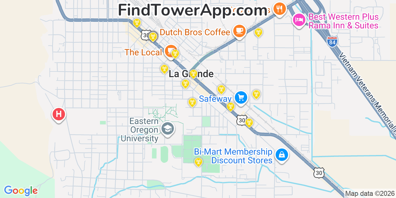 Map showing the 20 primary cell tower locations detected in La Grande, Oregon from AT&T, Verizon, and T-Mobile networks