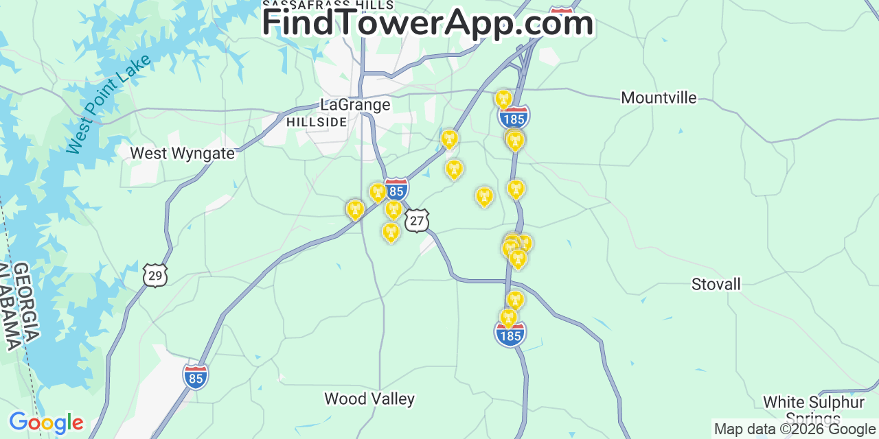 Map showing the 20 primary cell tower locations detected in La Grange, Georgia from AT&T, Verizon, and T-Mobile networks
