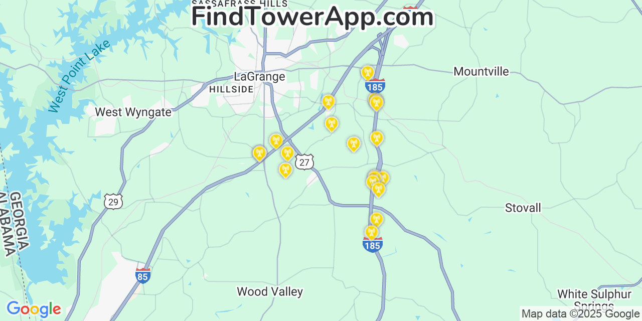 Map showing the 20 primary Mobitel cell tower locations detected in La Grange, Georgia with coverage radius and signal strength indicators