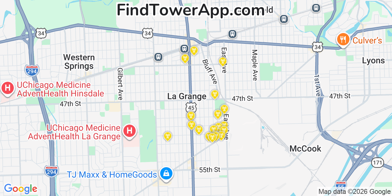 Map showing the 20 primary cell tower locations detected in La Grange, Illinois from AT&T, Verizon, and T-Mobile networks