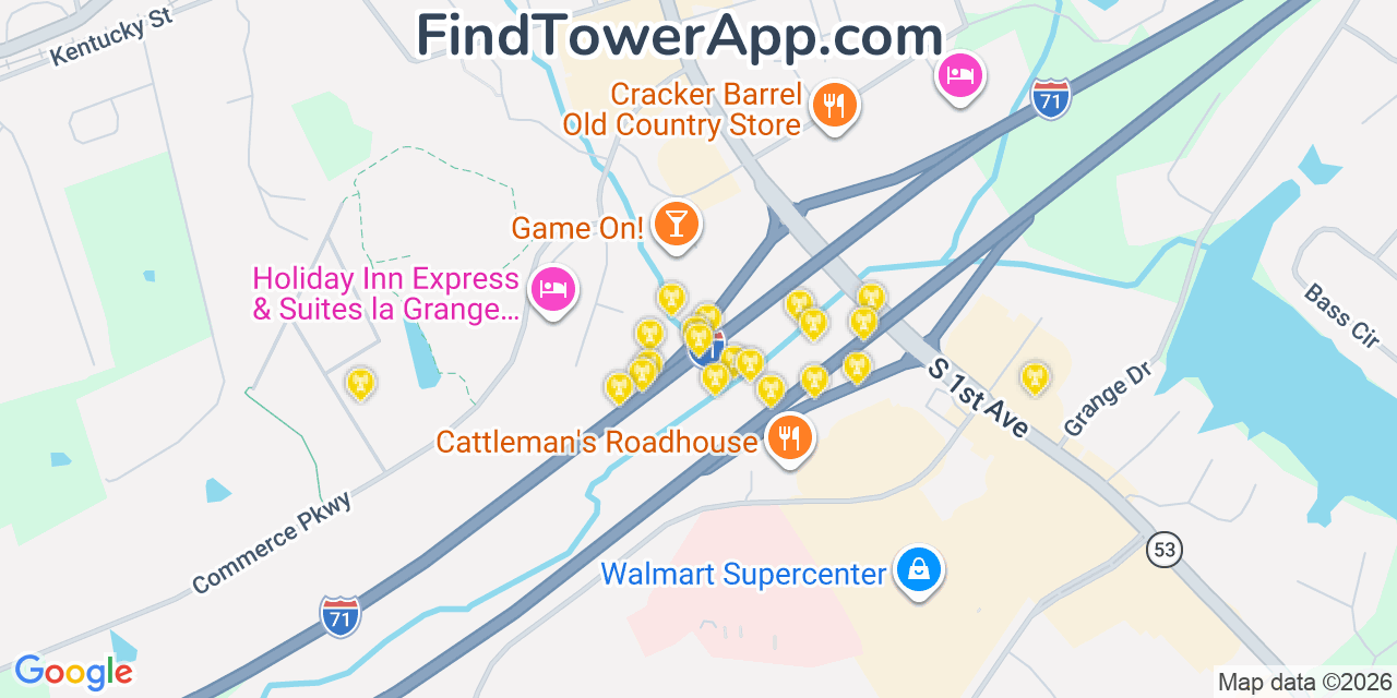Map showing the 20 primary cell tower locations detected in La Grange, Kentucky from AT&T, Verizon, and T-Mobile networks