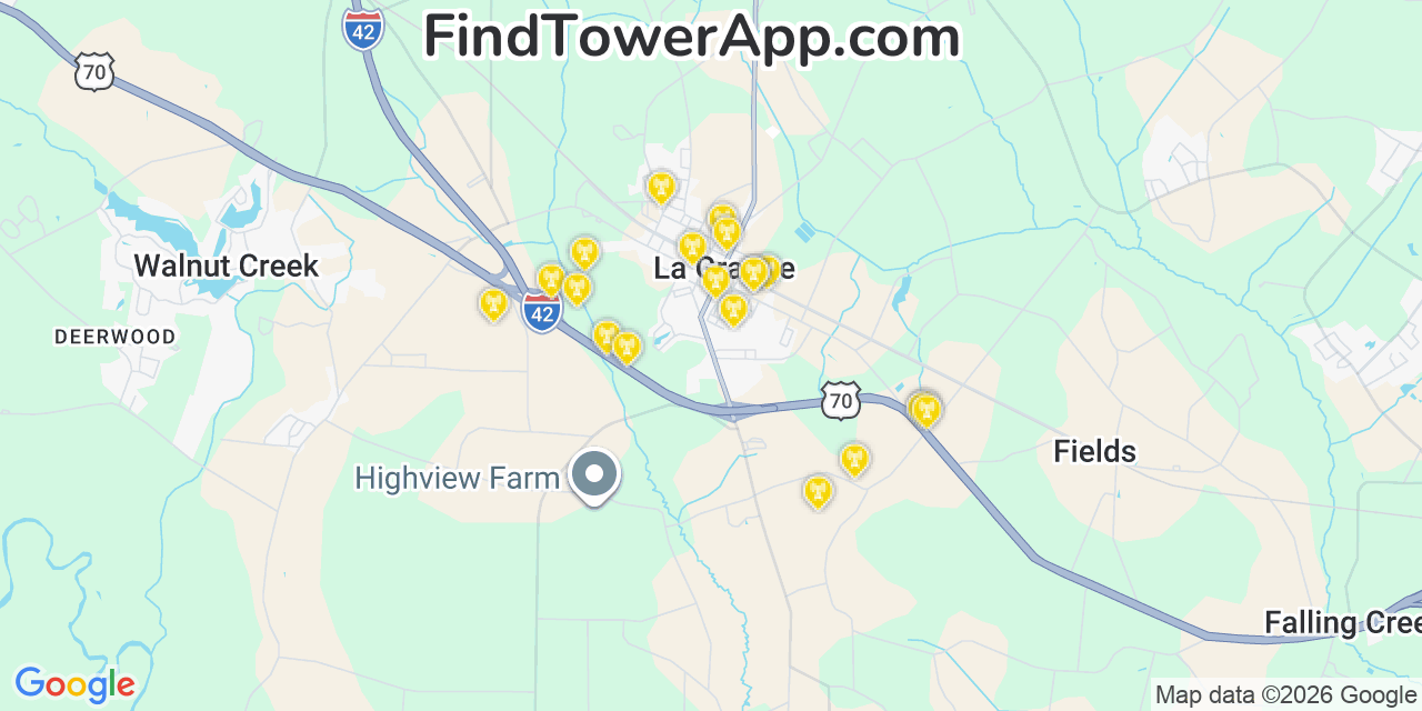 Map showing the 20 primary cell tower locations detected in La Grange, North Carolina from AT&T, Verizon, and T-Mobile networks