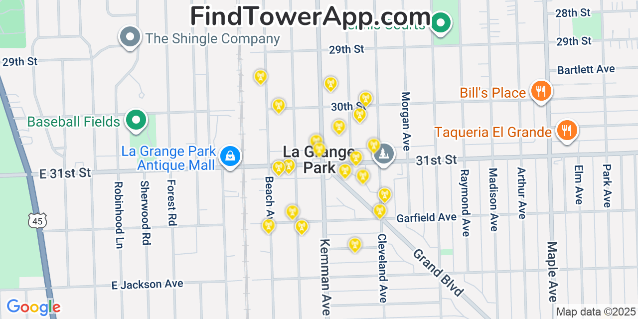 Map showing the 20 primary cell tower locations detected in La Grange Park, Illinois from AT&T, Verizon, and T-Mobile networks