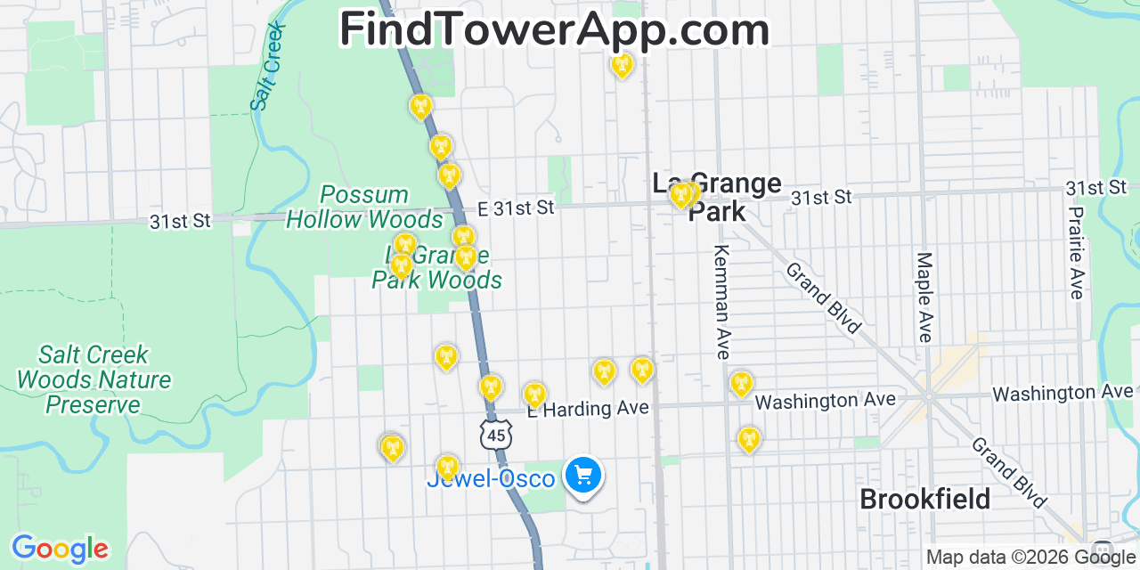 Map showing the 20 primary cell tower locations detected in La Grange Park, Illinois from AT&T, Verizon, and T-Mobile networks