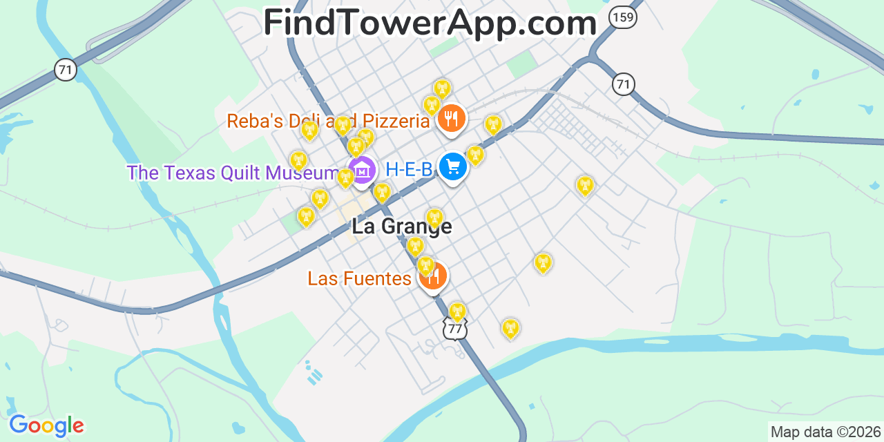 Map showing the 20 primary cell tower locations detected in La Grange, Texas from AT&T, Verizon, and T-Mobile networks