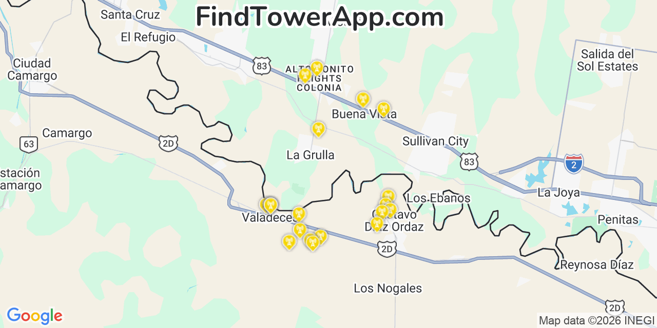 Map showing the 20 primary cell tower locations detected in La Grulla, Texas from AT&T, Verizon, and T-Mobile networks