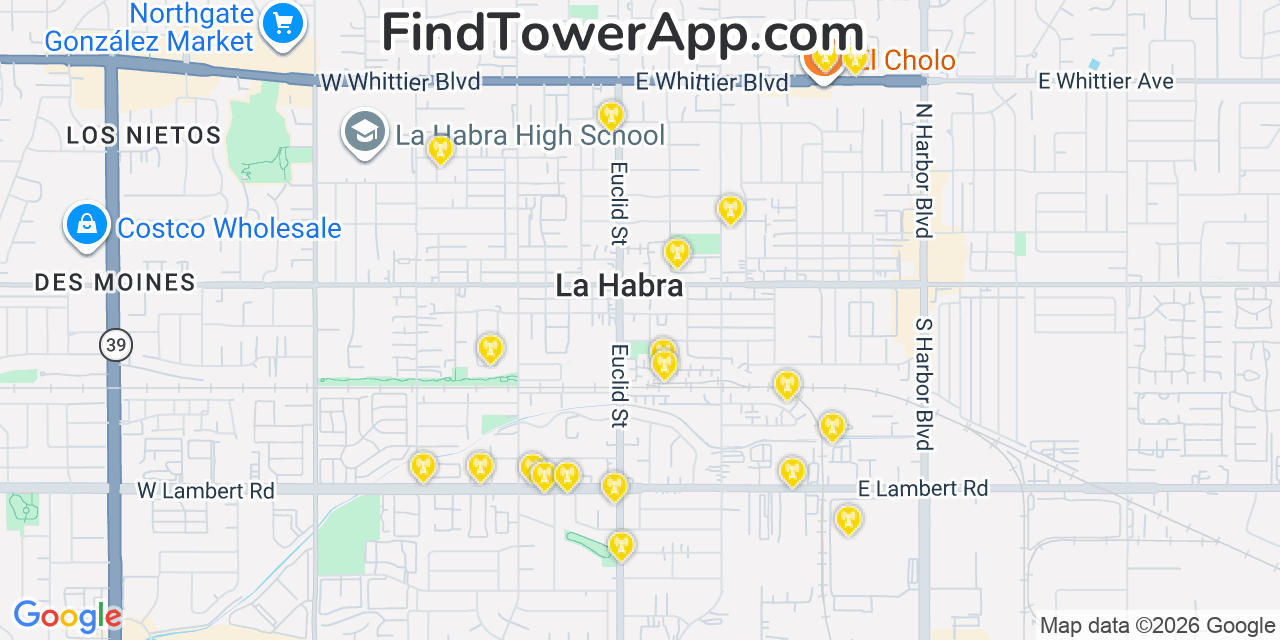 Map showing the 20 primary cell tower locations detected in La Habra, California from AT&T, Verizon, and T-Mobile networks