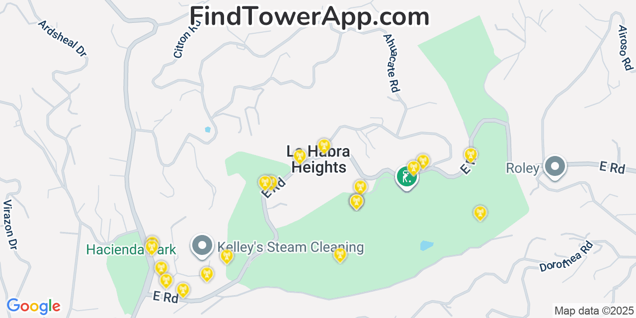 Map showing the 20 primary cell tower locations detected in La Habra Heights, California from AT&T, Verizon, and T-Mobile networks