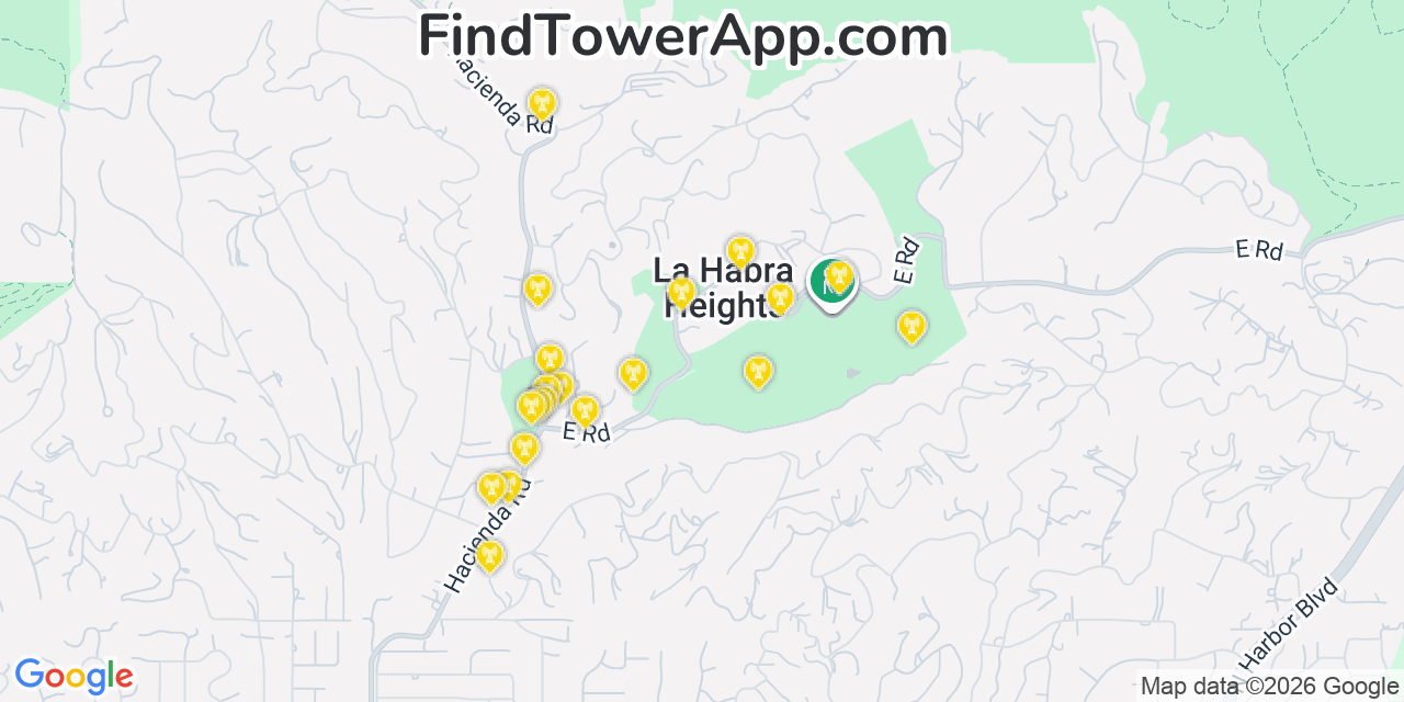 Map showing the 20 primary cell tower locations detected in La Habra Heights, California from AT&T, Verizon, and T-Mobile networks