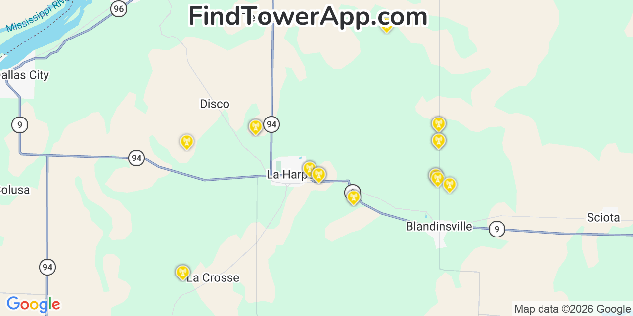Map showing the 20 primary cell tower locations detected in La Harpe, Illinois from AT&T, Verizon, and T-Mobile networks