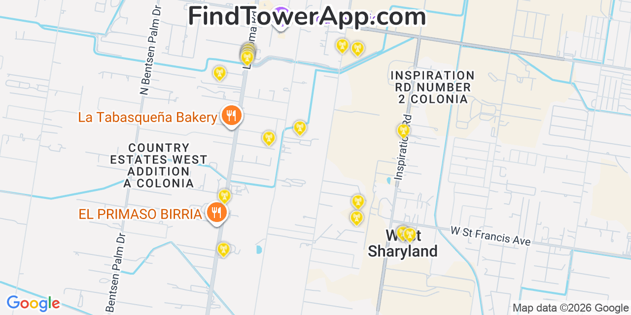 Map showing the 20 primary cell tower locations detected in La Homa, Texas from AT&T, Verizon, and T-Mobile networks