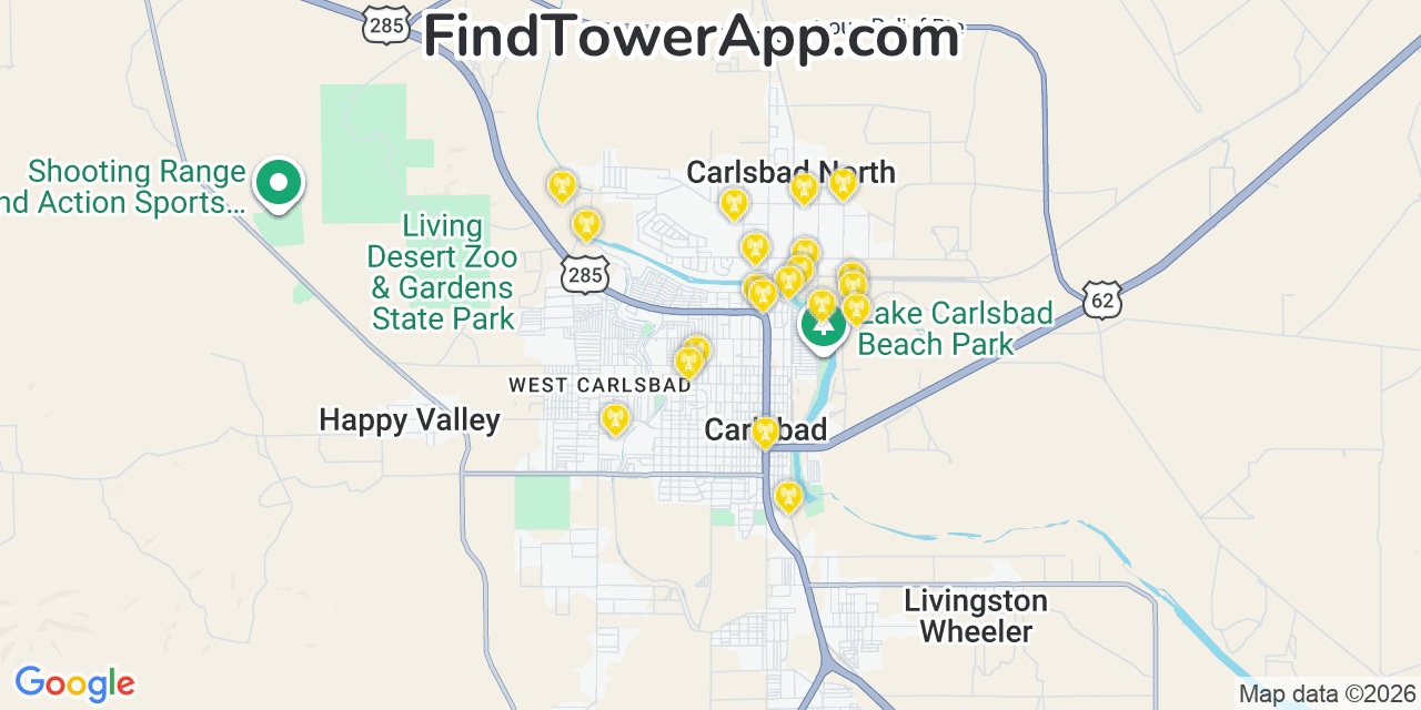 Map showing the 20 primary cell tower locations detected in La Huerta, New Mexico from AT&T, Verizon, and T-Mobile networks