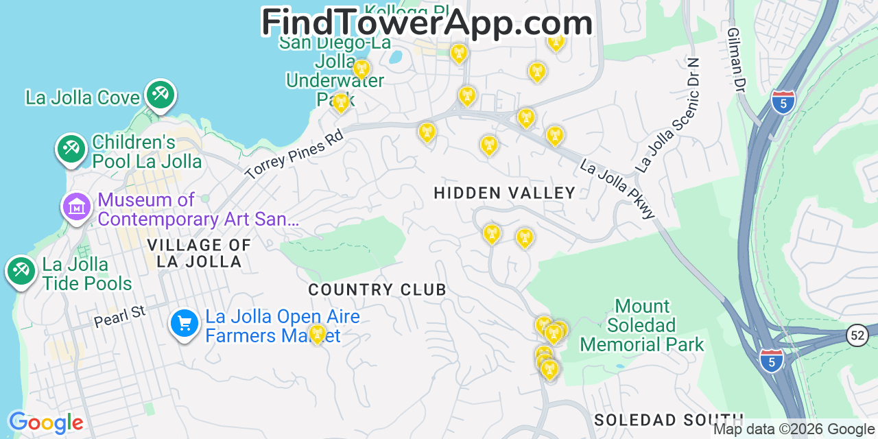 Map showing the 20 primary cell tower locations detected in La Jolla, California from AT&T, Verizon, and T-Mobile networks