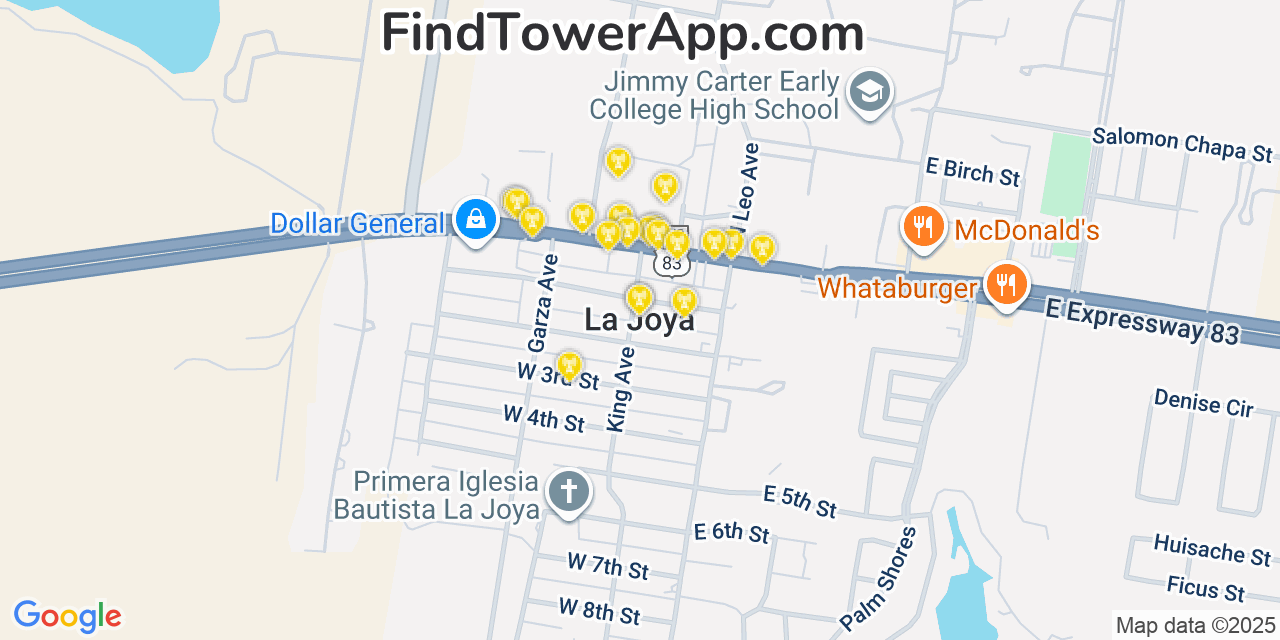 Map showing the 20 primary cell tower locations detected in La Joya, Texas from AT&T, Verizon, and T-Mobile networks