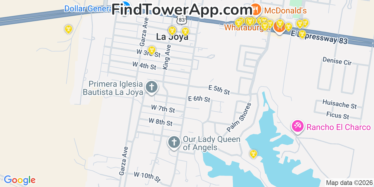 Map showing the 20 primary cell tower locations detected in La Joya, Texas from AT&T, Verizon, and T-Mobile networks