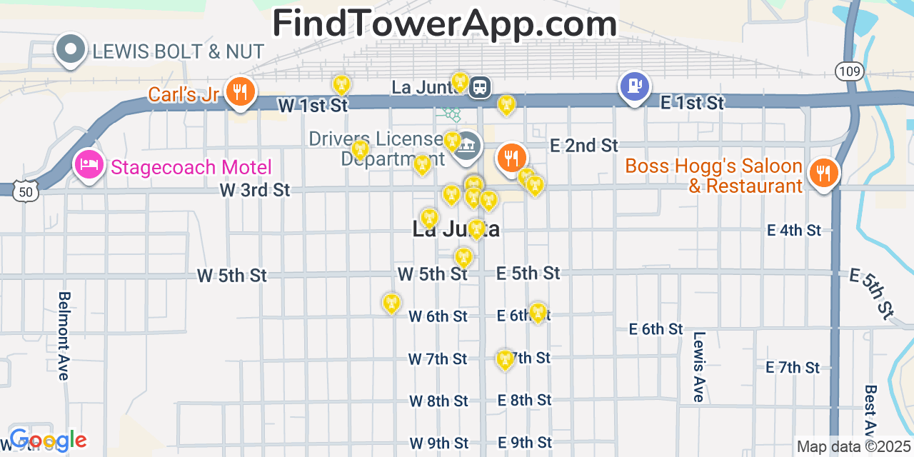 Map showing the 20 primary cell tower locations detected in La Junta, Colorado from AT&T, Verizon, and T-Mobile networks