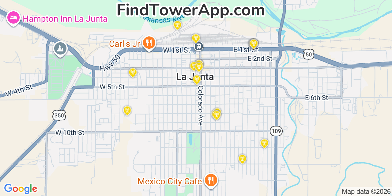 Map showing the 20 primary cell tower locations detected in La Junta, Colorado from AT&T, Verizon, and T-Mobile networks