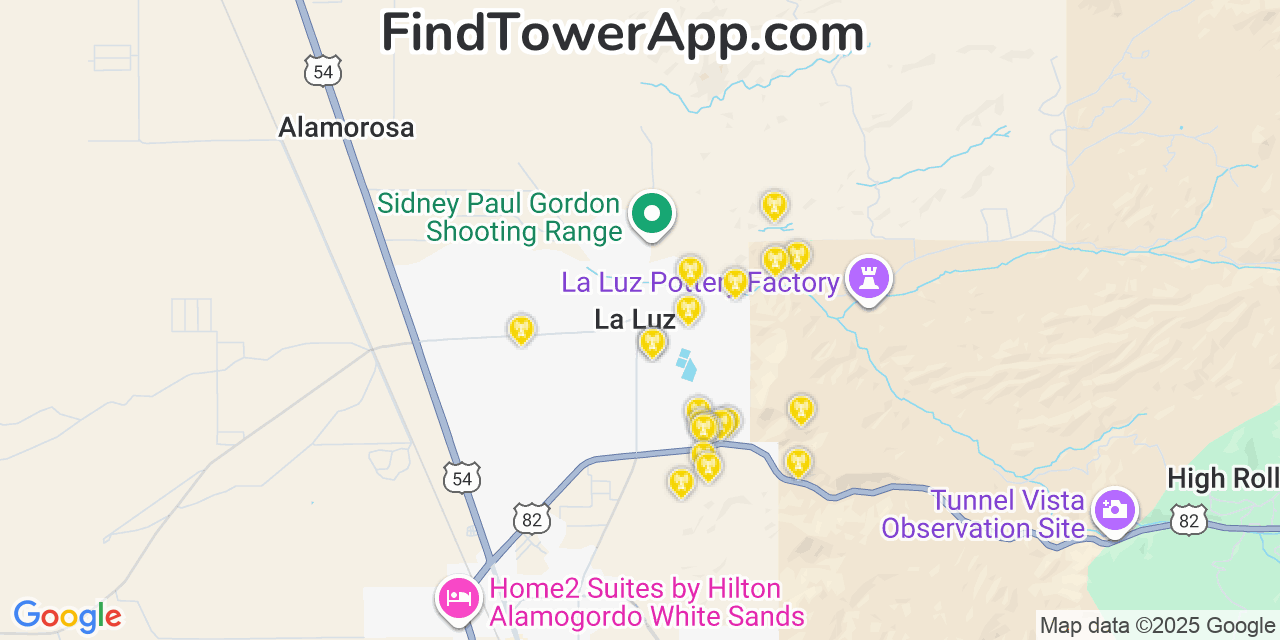 Map showing the 20 primary cell tower locations detected in La Luz, New Mexico from AT&T, Verizon, and T-Mobile networks