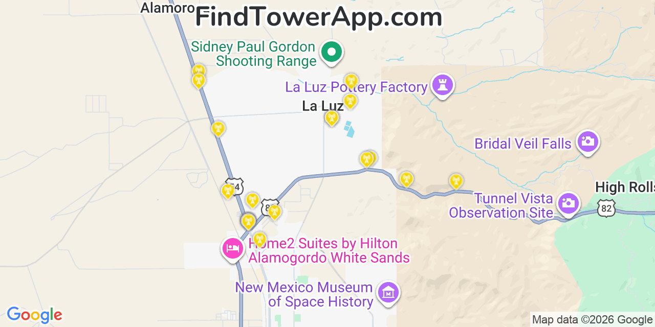 Map showing the 20 primary cell tower locations detected in La Luz, New Mexico from AT&T, Verizon, and T-Mobile networks
