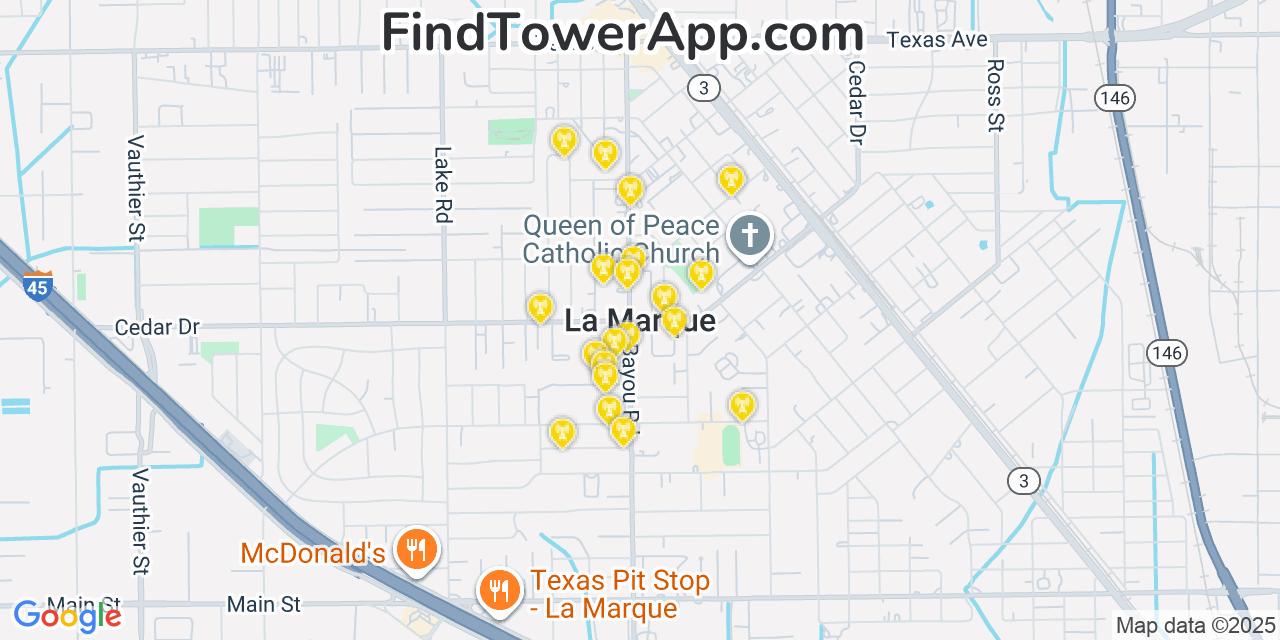 Map showing the 20 primary cell tower locations detected in La Marque, Texas from AT&T, Verizon, and T-Mobile networks
