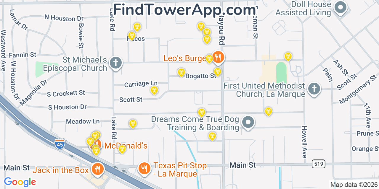 Map showing the 20 primary cell tower locations detected in La Marque, Texas from AT&T, Verizon, and T-Mobile networks