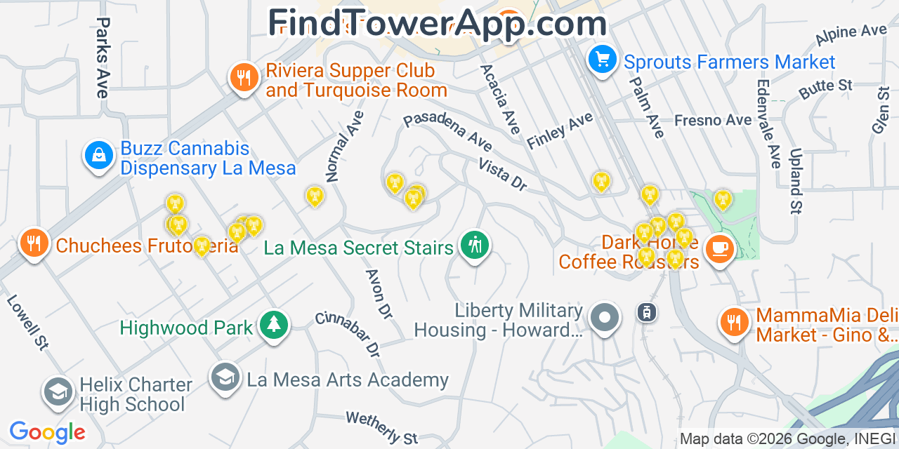 Map showing the 20 primary cell tower locations detected in La Mesa, California from AT&T, Verizon, and T-Mobile networks